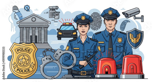 Law Enforcement Illustration - Police Officers, Badge, Handcuffs, and Security Elements.