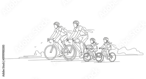 Line art depiction of a family enjoying a mountain biking adventure.