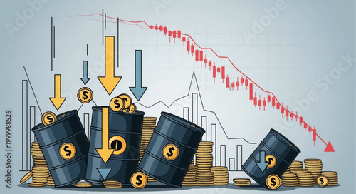 Oil barrels and coins with falling stock market graph.