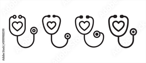 Set of Stethoscope with Heart Shape Icons for Medical Healthcare and Cardiology Symbols.