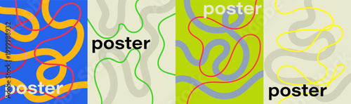 Four creative poster designs featuring abstract fluid line art on various bright surfaces.