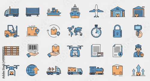 Logistics and Supply Chain Icons - Delivery, Transportation, and Global Trade.