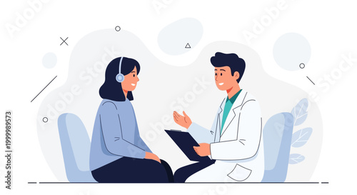 Doctor consulting patient with headphones, mental health session, therapy concept