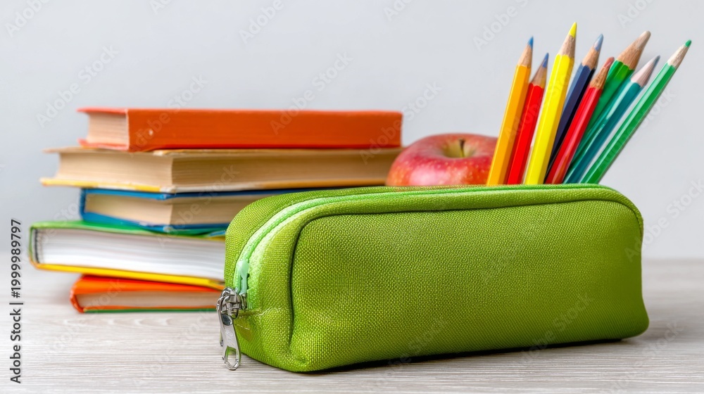 Fototapeta premium Green pencil case filled with colorful school stationery and stacked books on table against clean white background, back to school education concept with organized study supplies and minimal workspace