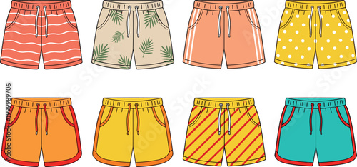 A Collection Of Various Colorful Patterned Summer Shorts And Swim Trunks For Men On White Background