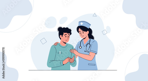 Nurse comforting patient, healthcare support, empathy, and care illustration