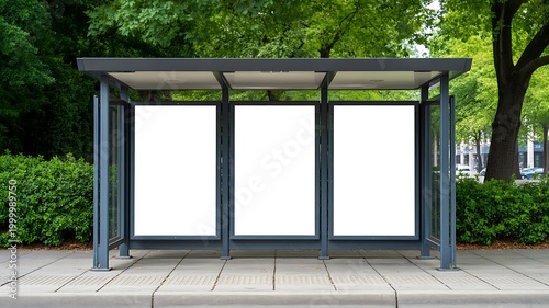 Empty bus stop shelter with blank advertising panels on city street background