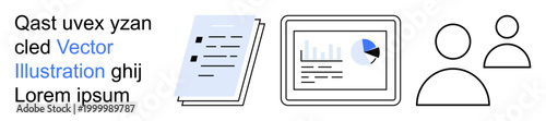 Data analysis, teamwork, business communication, digital finance, education, project management. Documents, tablet with chart two people icons. Data analysis and teamwork visualization