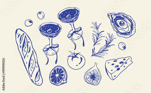 Hand-drawn Mediterranean seafood and food set in Dolce vita style. Bread, lemon, olives, cheese and herbs in doodle outline sketch. Italian cuisine vector illustration isolated.