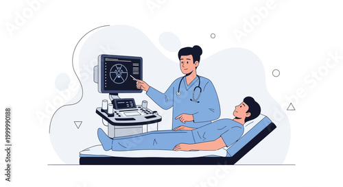 Doctor points at ultrasound scan of patient lying on examination bed, medical checkup