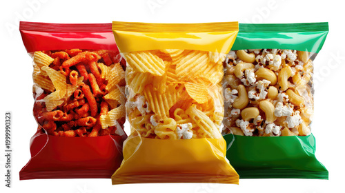 Snack Pack Assortment: A vibrant selection of packaged snacks in bold colors presents a delightful array of textures and flavors, perfect for satisfying cravings.