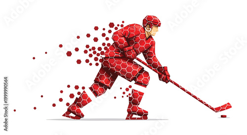 Hockey player, red polygonal, dynamic motion, sports icon
