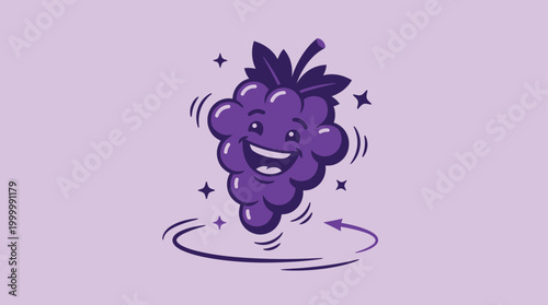 Happy Cartoon Grape Character with Sparkle Effect and Swirling Motion