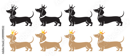 Dachshund Dog Silhouettes. Wearing Royal Gold and Black Crowns Professional Vector Set.