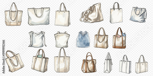 Collection of various watercolor tote bags and handbags, perfect for fashion and shopping designs.