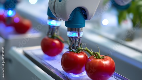 carefully harvesting ripe tomatoes inside advanced hydroponic farm, glowing natural light, modern agricultural technology