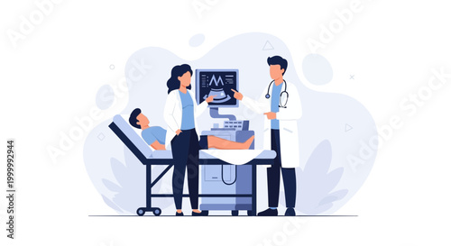 Medical Ultrasound Examination: Doctors and Patient in Clinic