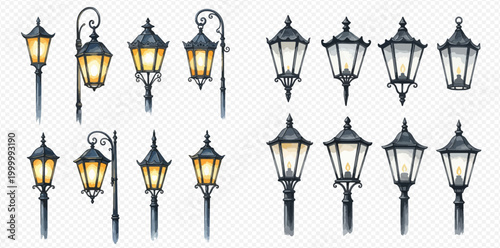 Set of vintage street lamps and lanterns, watercolor illustration of antique outdoor lighting fixtures for urban and garden design.