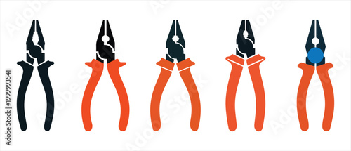 Professional Set of Vector Pliers Icons. with Orange Handles Isolated on White for DIY Hardware.