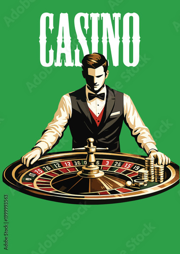 081-25-Croupier standing behind a roulette wheel with chips, promoting gambling and entertainment
