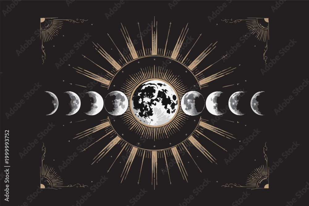 Ταπετσαρία Esoteric moon phases with full moon in sun rays and mystical ornate frame vector illustration