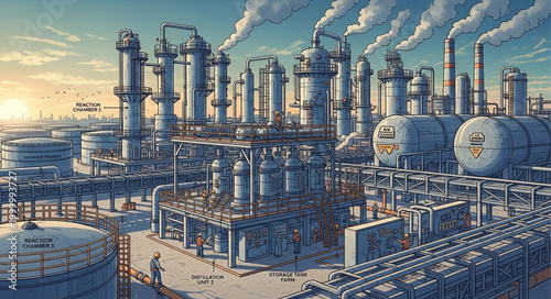 Industrial Complex with Towers and Pipes Emitting Smoke.