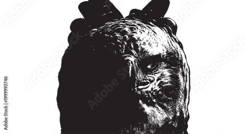 Grizzly bear head, black and white illustration, animal portrait, wildlife art, vector graphics