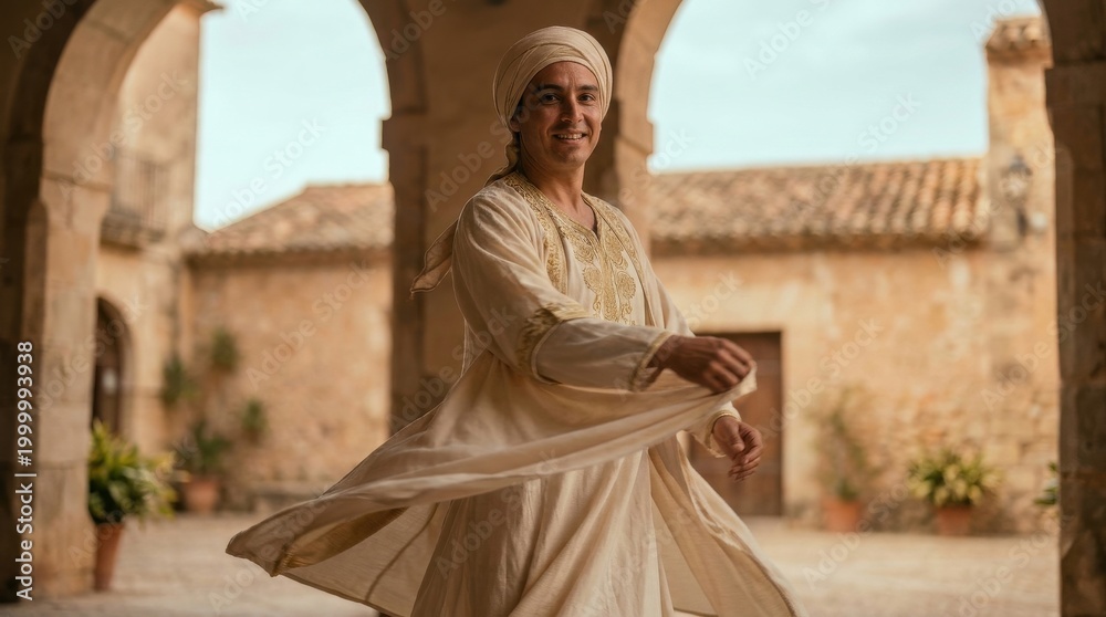Fototapeta premium Man Dancing Traditional Clothes Courtyard