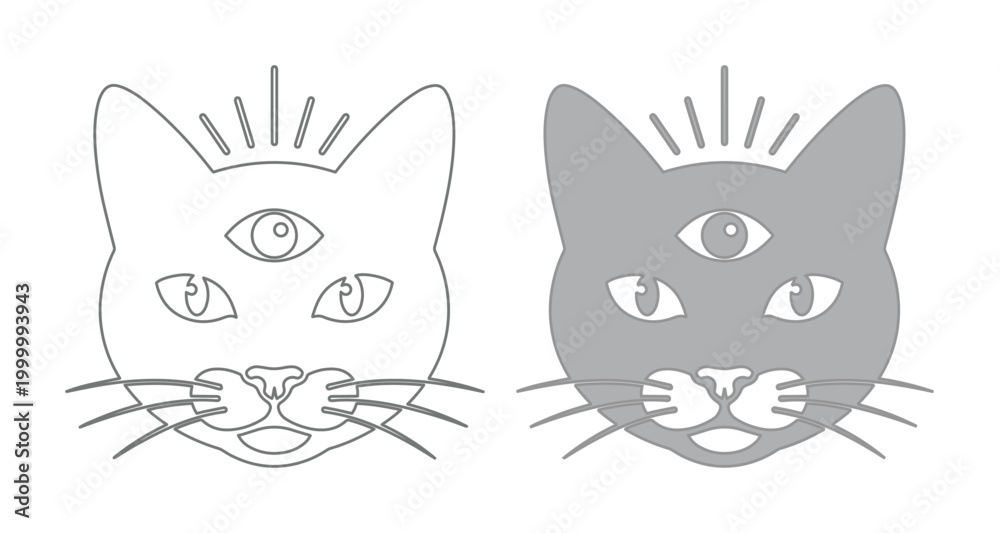 Obraz premium Mystical third eye cat head vector art, spiritual feline illustration, esoteric animal symbol, occult pet design, magic witchcraft graphic element