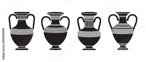 Set of Ancient Greek Amphora Vases with Black Silhouettes and Traditional Meander Patterns on White Background.