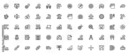 Mechanic icon set. Car repair vector icons pack. Minimal thin line symbols. Includes brakes, engine, wheel, gear, alternator, suspension, exhaust, air conditioning, toolbox, headlight and more.