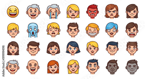 Diverse Cartoon Faces Expressing Various Emotions.