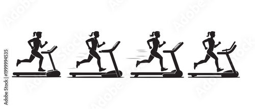 Woman running on a treadmill for cardio fitness and gym training on white background.