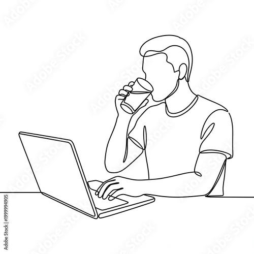 A single continuous line drawing of a laptop computer and a person holding a glass of water drink, vector isolated on white