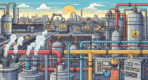 Industrial Plant Illustration - Complex Machinery and Worker in Action.