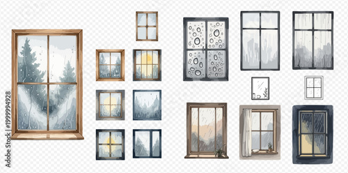 Watercolor collection of various windows with different weather views, showcasing winter landscapes and cozy interiors.