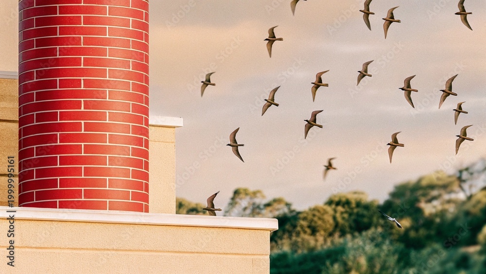 Εκτύπωση καμβά a thousand Vaux's swifts (Chaetura vauxi) disappearing down a chimney to rest right in the middle of Portland, USA