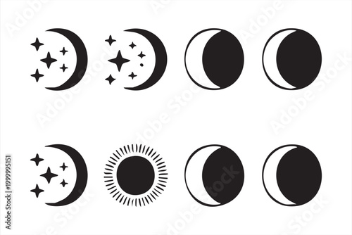 Moon and sun phases with stars vector illustration for celestial and astrology design elements.