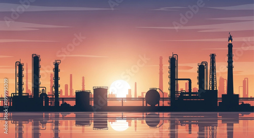 Industrial Plant Silhouette at Sunset - A Vision of Energy and Production.