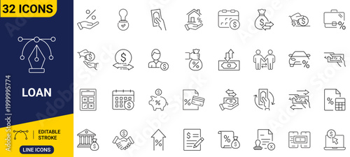 Comprehensive vector line icon set depicting essential concepts of loans, mortgages, personal finance, and credit management for modern digital interfaces and financial technology