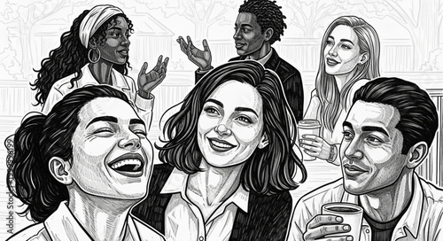 Diverse group of friends laughing and enjoying conversation together.