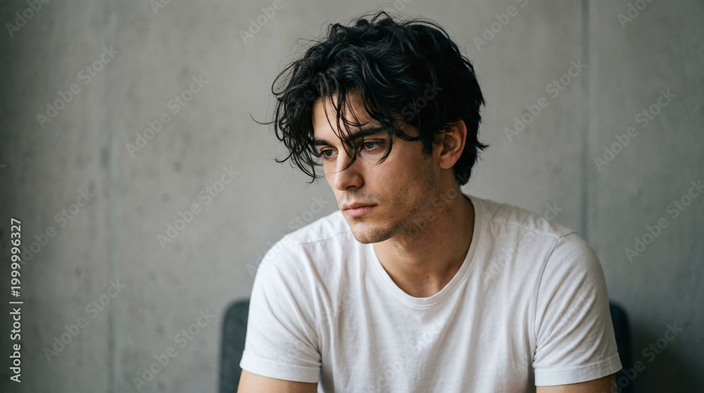 © GfxAkash - A contemplative young man with messy hair looking down against a minimalist grey concrete wall