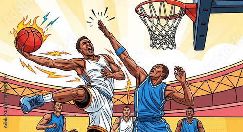 Intense Basketball Game - Player Shooting with Defender Blocking.