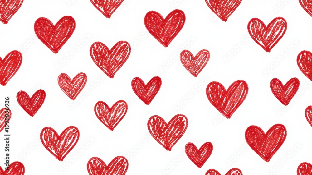 Fototapeta premium Red Hand-Drawn Hearts on White Background Pattern