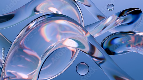 Fluid liquid blue glass shapes and spheres abstract background. 3d illustration