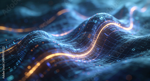 Blue digital wave with glowing orange lines, data flow visualization, tech background for presentations and websites