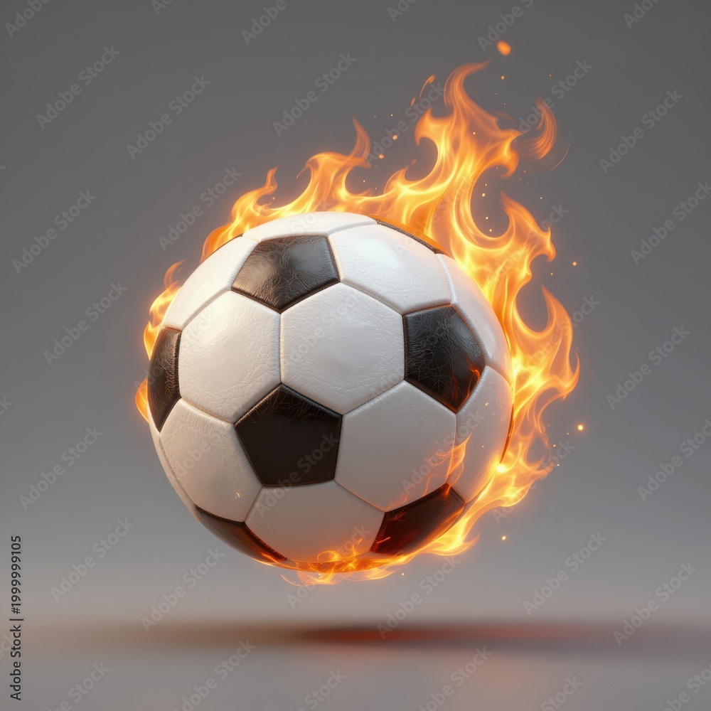 Naklejka premium Soccer Ball Engulfed in Flames Against Gray Background