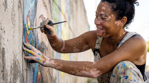 Female artist with vitiligo condition paiting a vibrant colorful mural on a concrete city wall, expressing creative freedom and joy through street art and body positivity reflection.