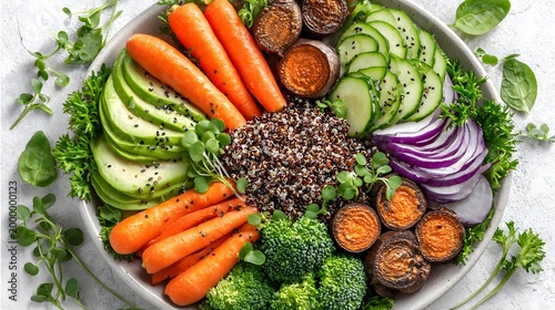 bowl filled with quinoa roasted vegetables avocado slices and microgreens colorful balanced nutrition concept