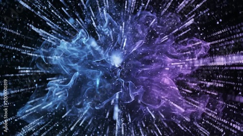 A vibrant, abstract depiction of shattering glass in shades of blue and purple